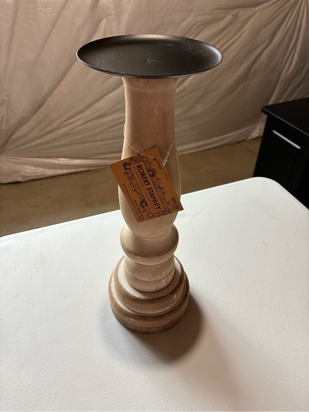 Cream Wood Pedestal Candle Holder with Black Metal Tray NWT!